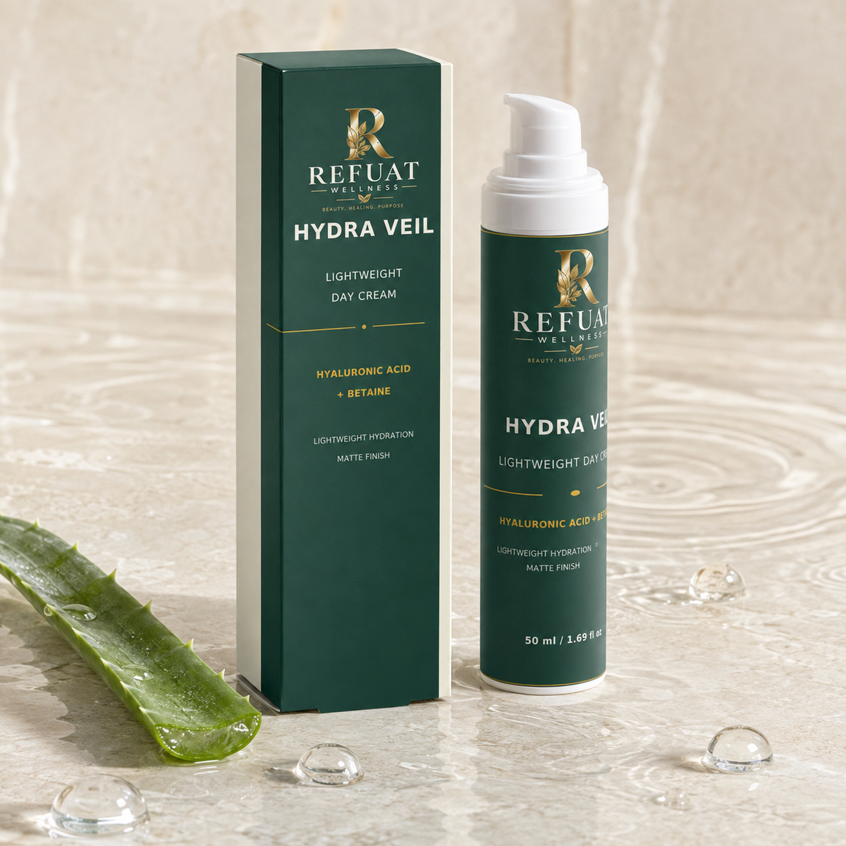 Refuat Hydra Veil Lightweight Day Cream with aloe and water droplets