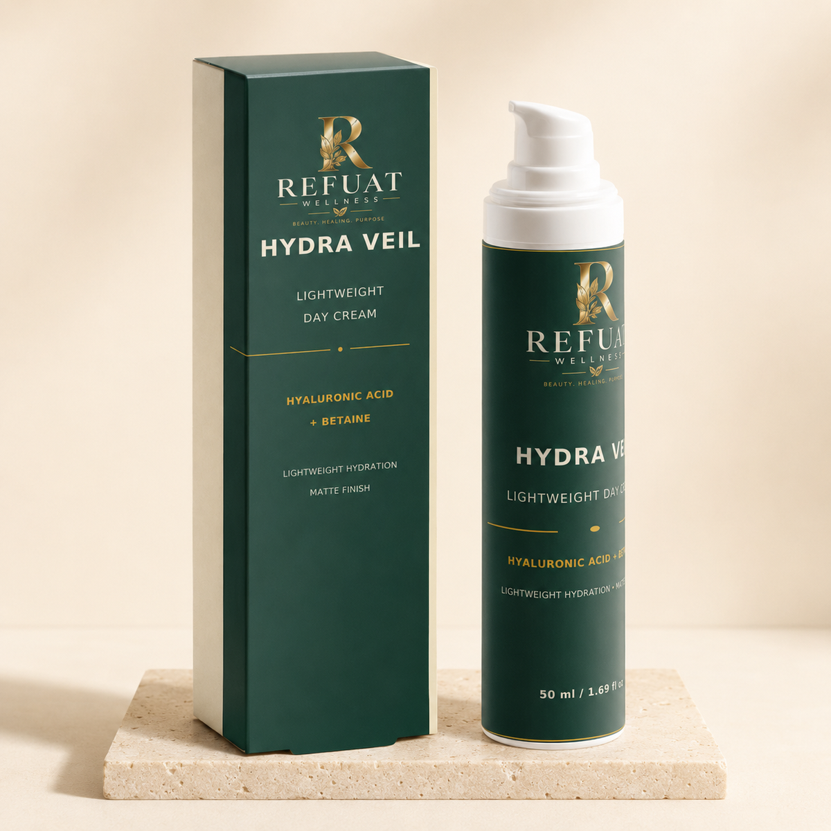 Refuat Hydra Veil Lightweight Day Cream bottle and box on a cream stone pedestal