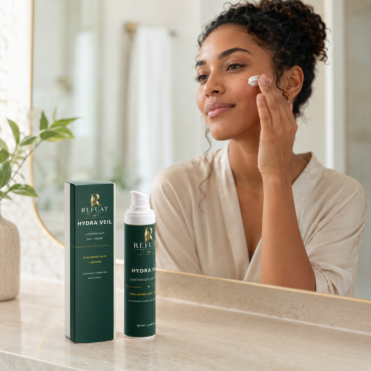 Woman applying moisturizer with Refuat Hydra Veil Day Cream on a bathroom vanity