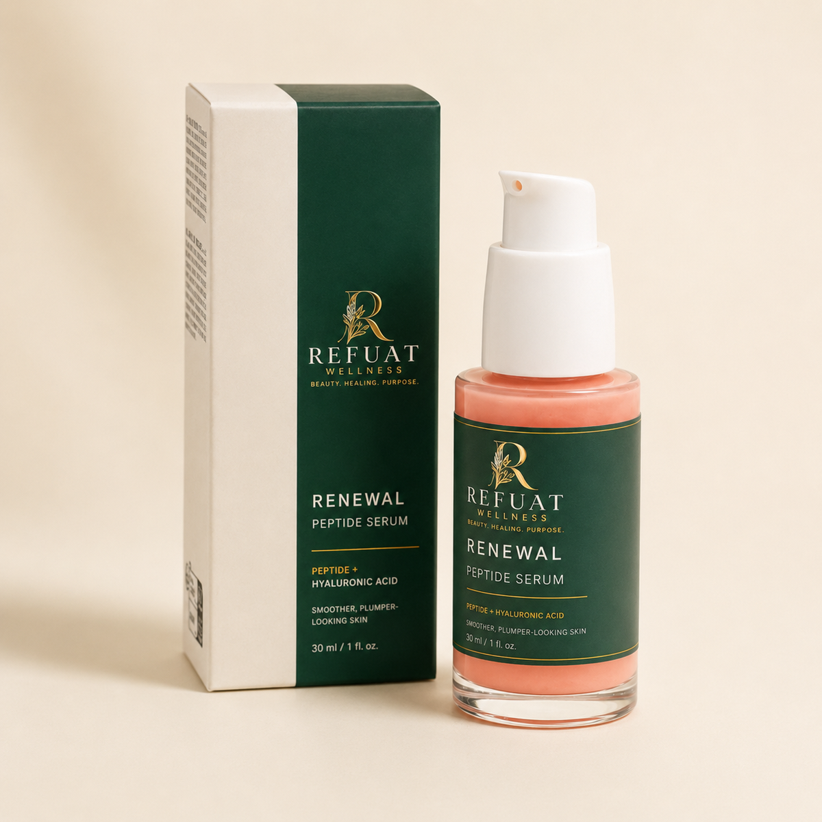 Refuat Renewal Peptide Serum bottle and box on a warm ivory background
