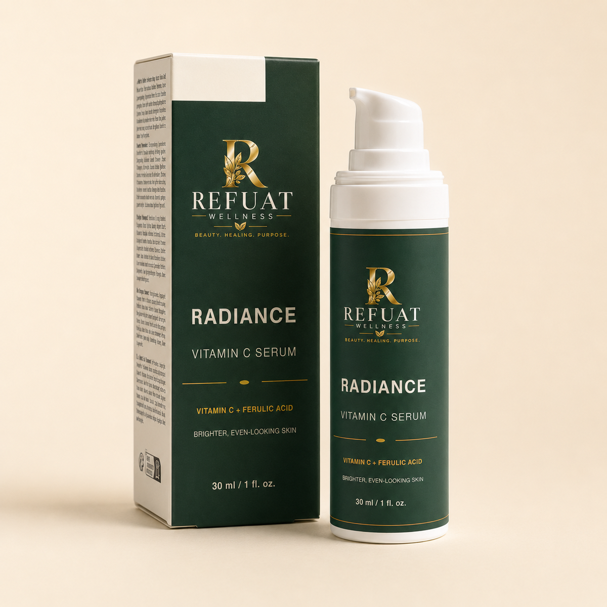 Refuat Radiance Vitamin C Serum bottle and box on a warm ivory background