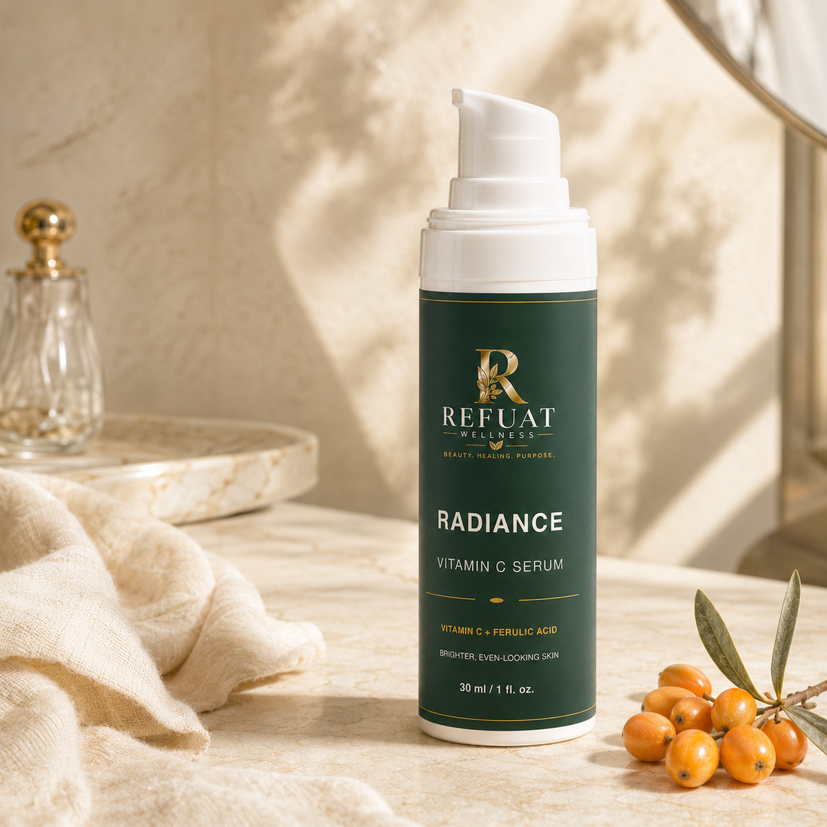 Refuat Radiance Vitamin C Serum in a warm morning skincare setting with sea-buckthorn berries