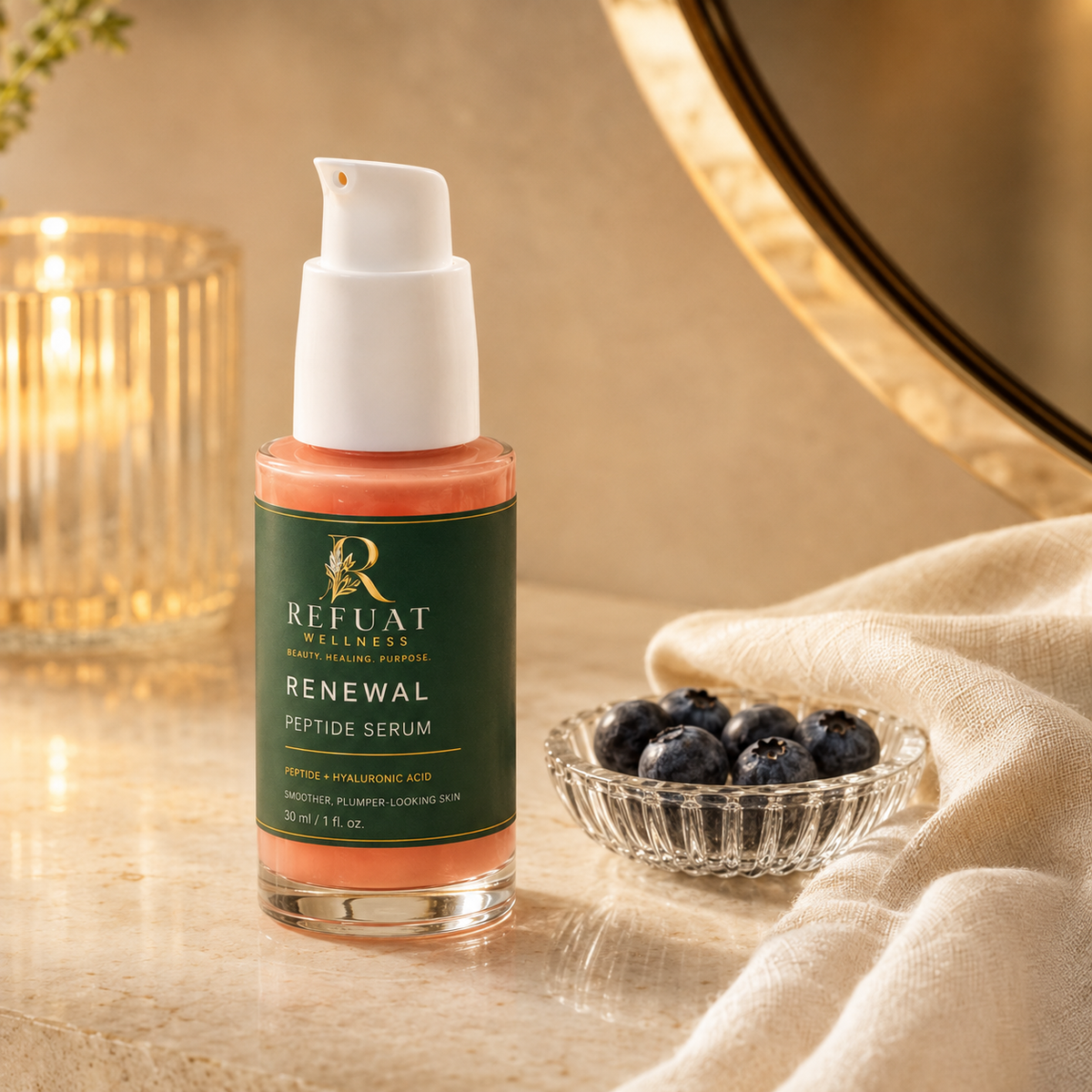 Refuat Renewal Peptide Serum in a warm evening skincare setting with blueberries